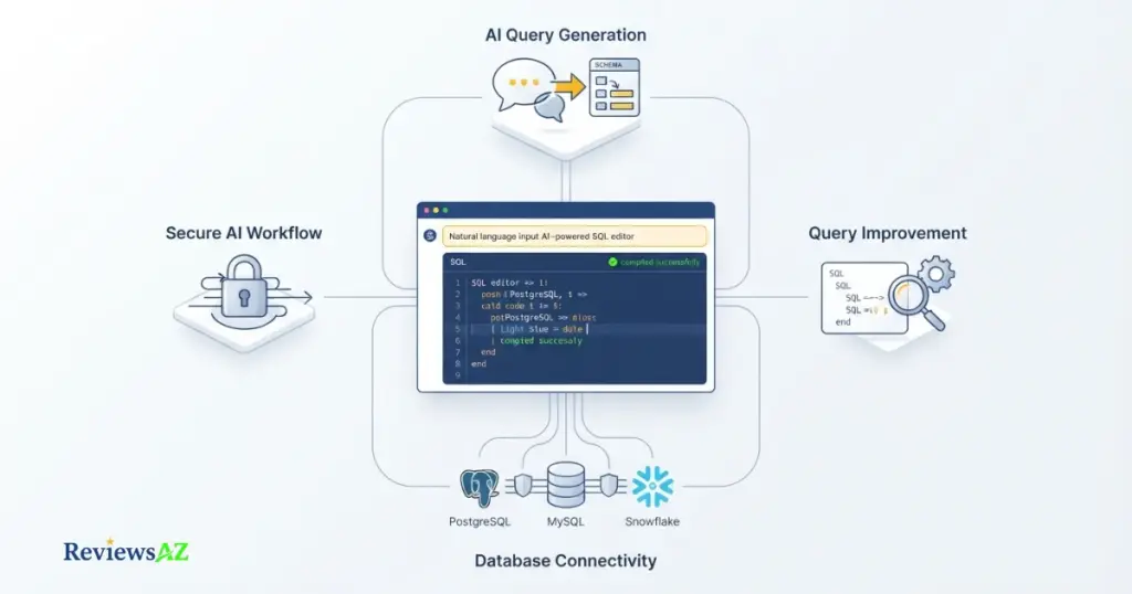 AI2SQL's core features: fixing SQL errors, optimizing queries, and explaining code