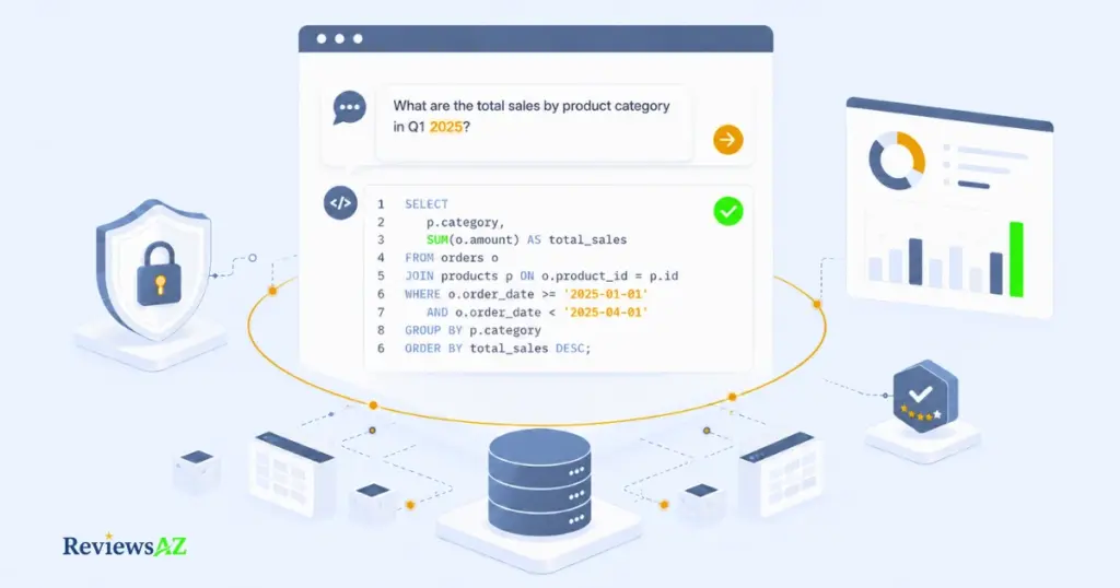AI2SQL converting a plain-English request into a validated SQL query connected to a database