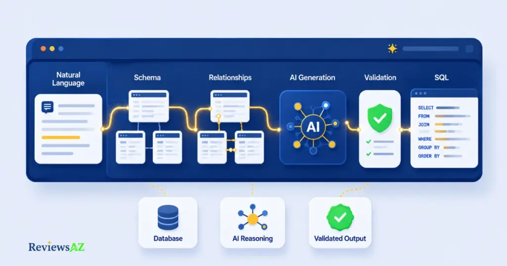 Six-stage diagram of how AI turns natural language into validated SQL