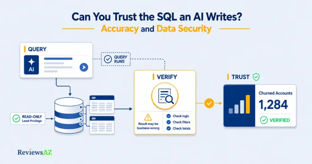 AI SQL Accuracy and Data Security showing SQL verification and read-only database access