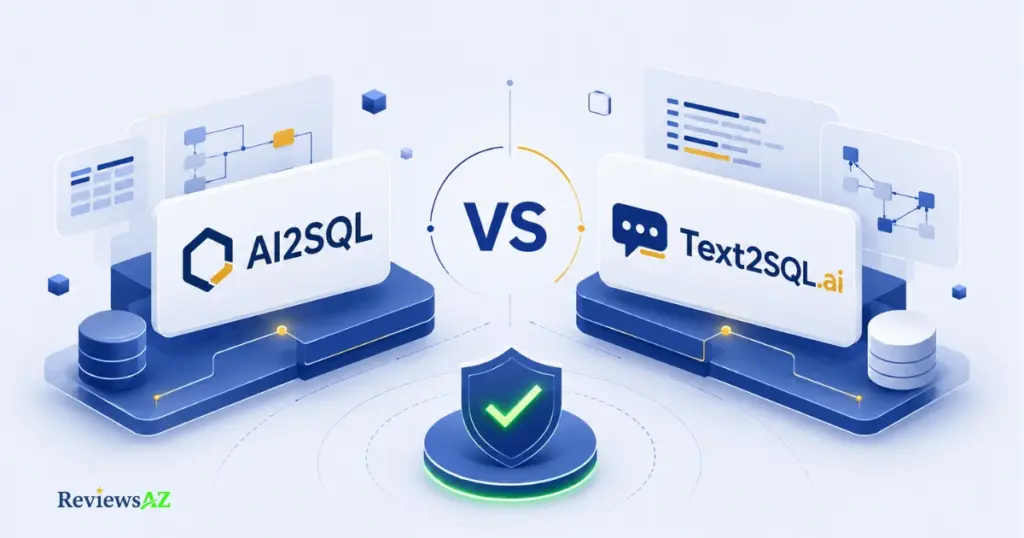 AI2SQL vs Text2SQL.ai comparison illustration showing two AI SQL generator dashboards side by side.