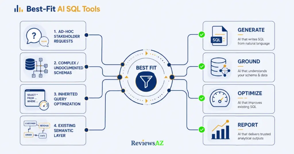 Best-fit AI SQL tools matched to common data analyst use cases including stakeholder requests, schema understanding, query optimization, and semantic layers

