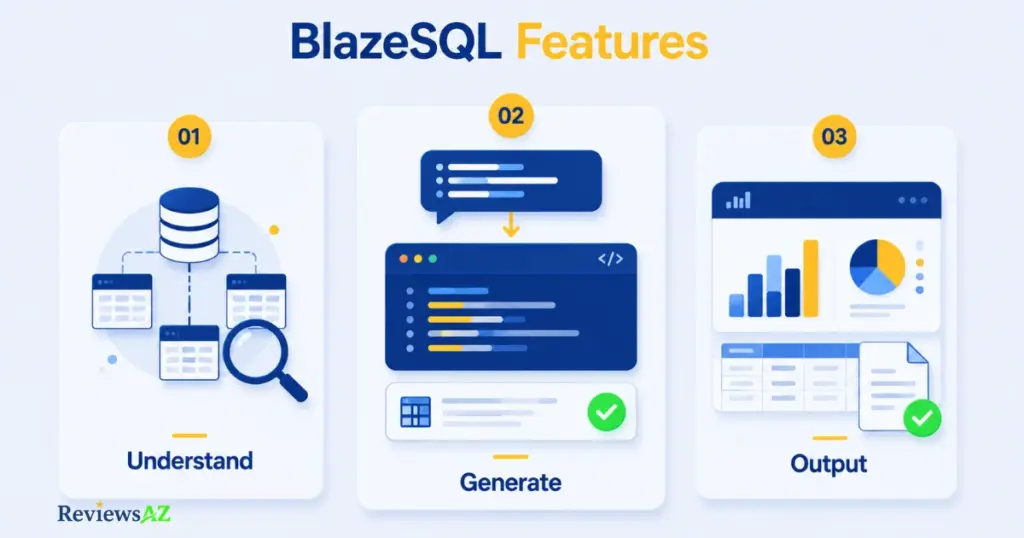BlazeSQL features — schema understanding, query generation, and dashboards