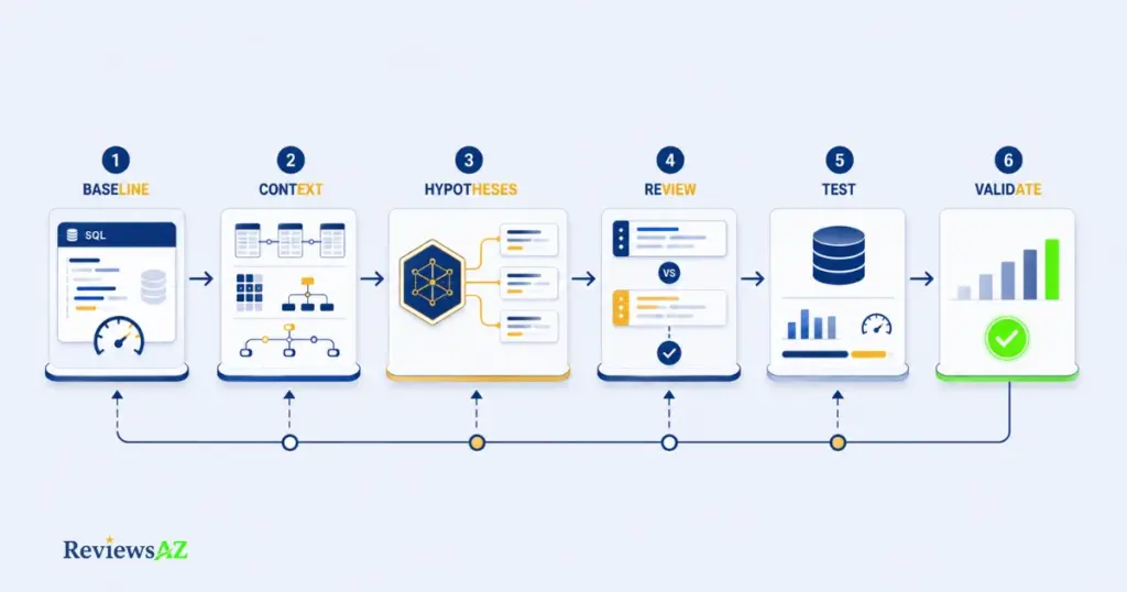 How to optimize SQL queries using AI through a workflow of baseline, context, AI hypotheses, testing, and validation