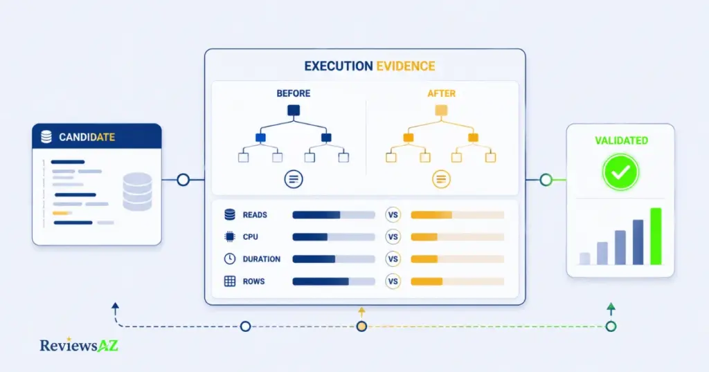How to validate an AI-optimized SQL query using execution plans, reads, CPU, duration, and before-and-after evidence