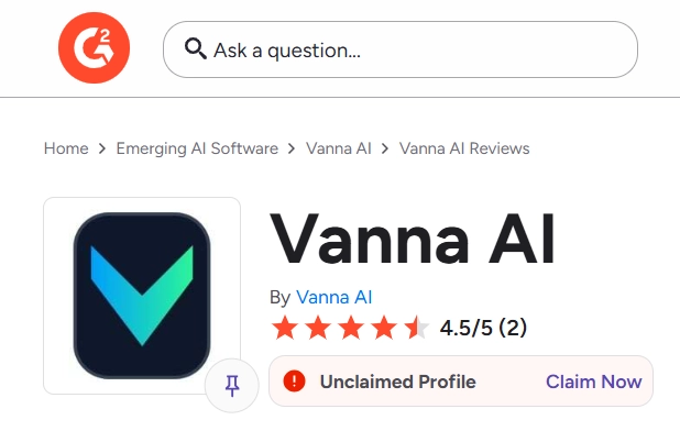 Vanna AI G2 review profile showing a 4.5 out of 5 rating from two reviews, unclaimed profile