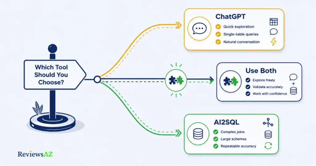 Decision guide: which AI SQL tool to choose — ChatGPT, AI2SQL, or both