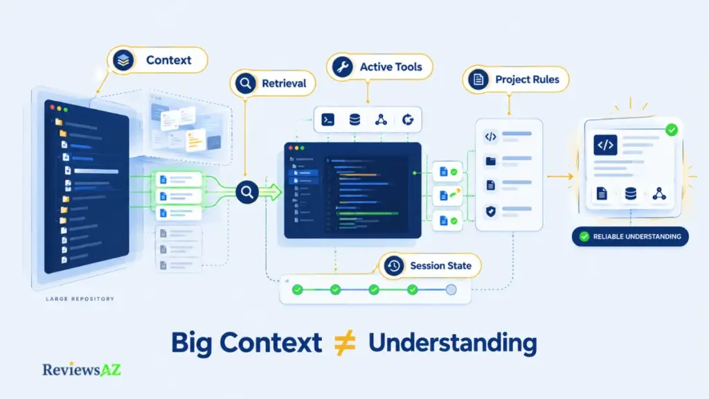 Context Window & Codebase Understanding showing context, retrieval, active tool use, project instructions, and session state.