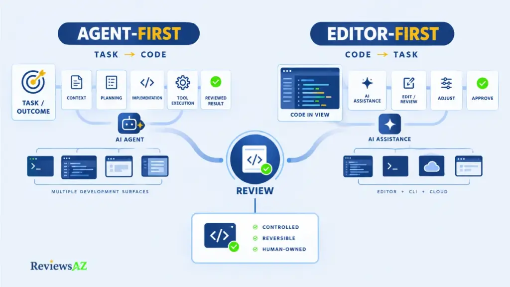 Agent-First vs Editor-First workflow comparison showing delegation, supervision, execution surfaces, and human control.
