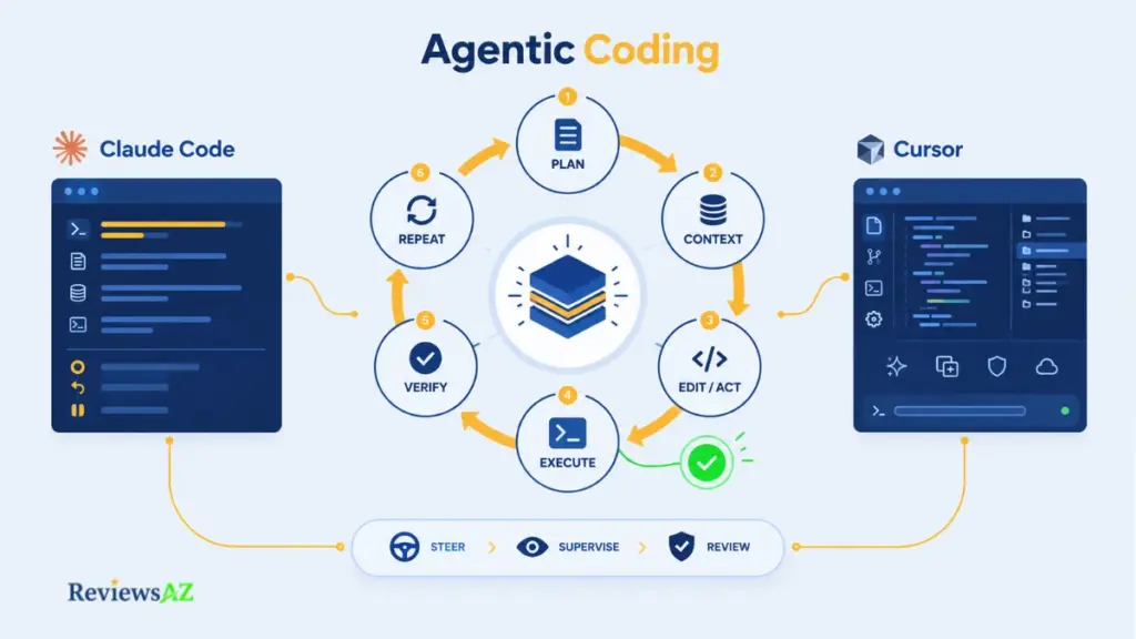 Agentic Coding workflow showing how Claude Code and Cursor handle autonomous coding work.
