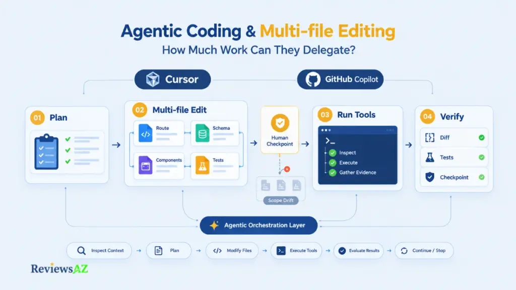Agentic coding and multi-file editing in Cursor and GitHub Copilot with task delegation and verification.