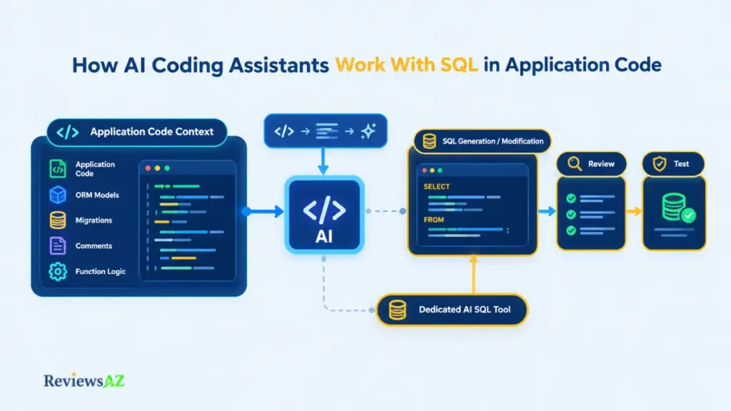 AI-assisted SQL workflow from requirement to review and application testing.