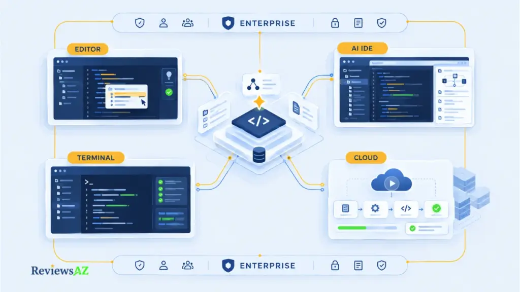 AI Code Assistants operating models across editor, AI IDE, terminal, and cloud workflows.