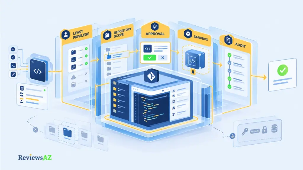 AI coding agent security controls for permissions, repository scope, approval, sandboxing, and auditability.