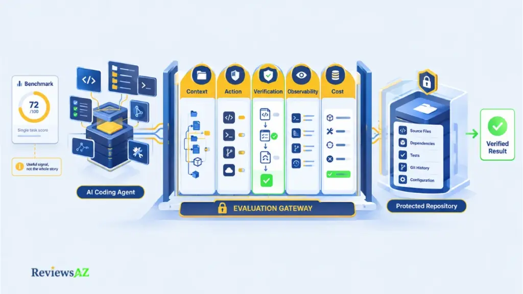 AI coding agent evaluation framework covering context, action boundaries, verification, observability, and cost.