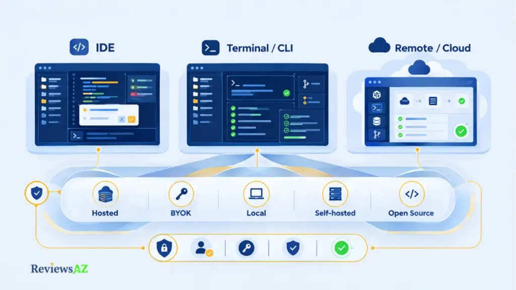 AI coding agents across IDE, terminal, and cloud runtimes with different deployment and control models.