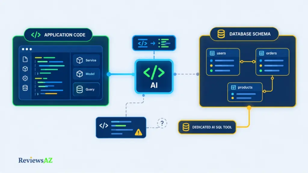 Codebase-aware AI coding assistant and database-focused SQL tool context.
