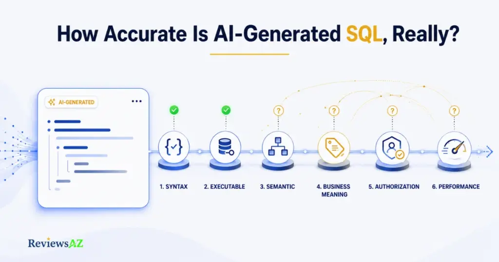 Staircase illustration showing the layers of AI-generated SQL accuracy from syntax to business correctness.