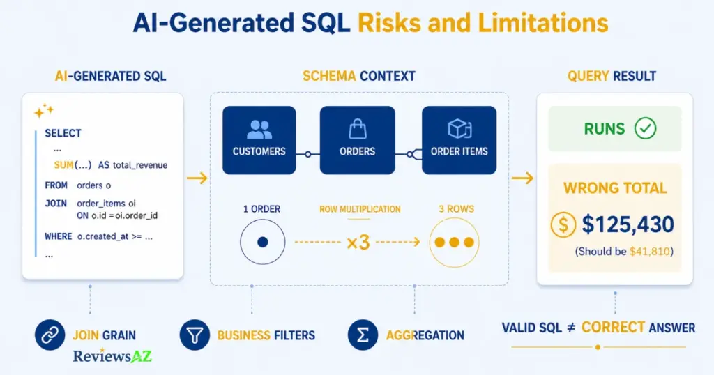 AI-generated SQL risks and limitations showing how valid SQL can produce incorrect results.