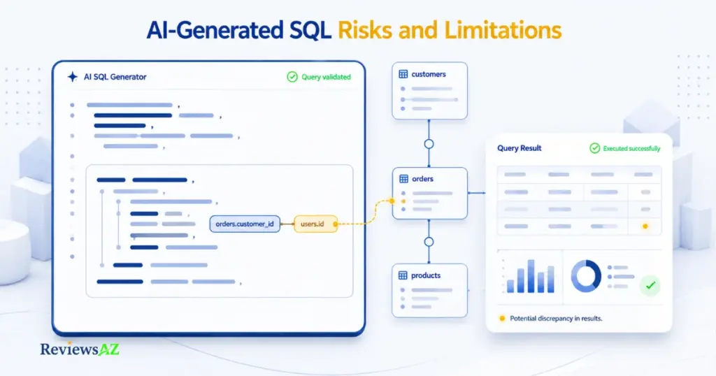 AI-Generated SQL Risks and Limitations illustrated through hidden SQL logic, optimization, validation, and database risks.