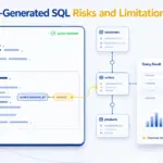 AI-Generated SQL Risks and Limitations illustrated through hidden SQL logic, optimization, validation, and database risks.