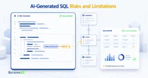 AI-Generated SQL Risks and Limitations illustrated through hidden SQL logic, optimization, validation, and database risks.