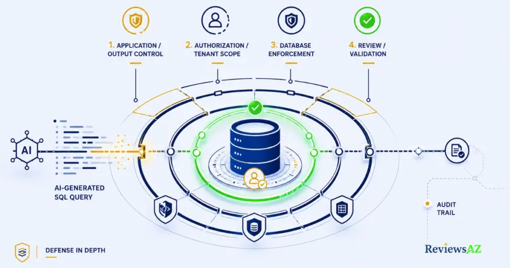 AI-generated SQL security risks with layered database security controls.