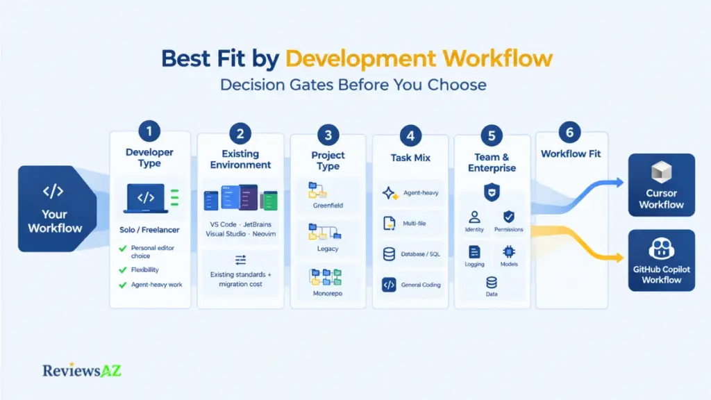 Best fit by development workflow for choosing between Cursor and GitHub Copilot through decision gates.