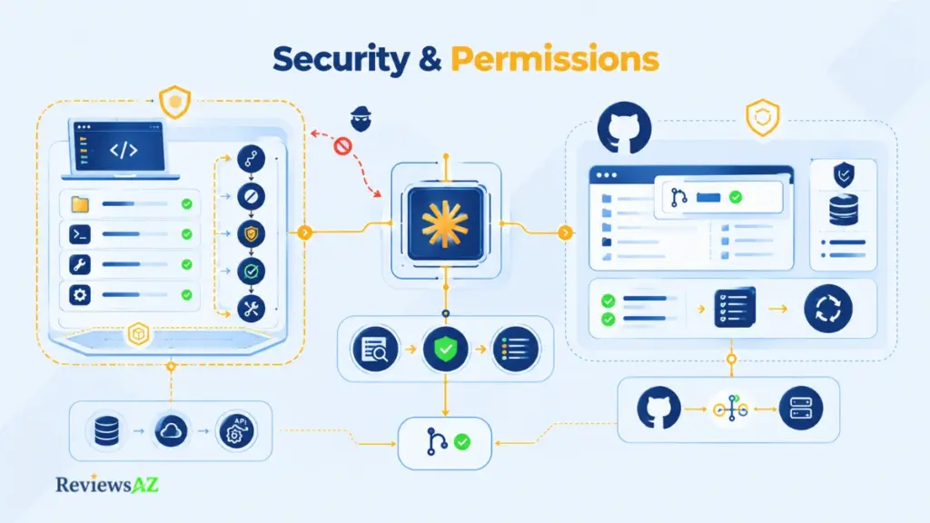 Claude Code Security & Permissions showing permission controls, sandboxing, and GitHub repository access.