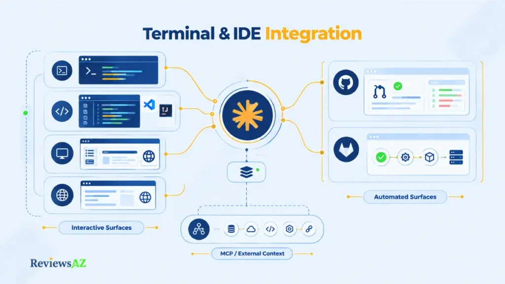 Claude Code Terminal & IDE Integration across terminal, IDE, desktop, web, GitHub, and GitLab workflows.