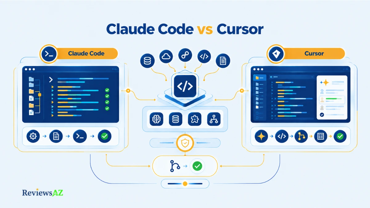 Claude Code vs Cursor comparison showing a terminal-based coding agent and an AI code editor.