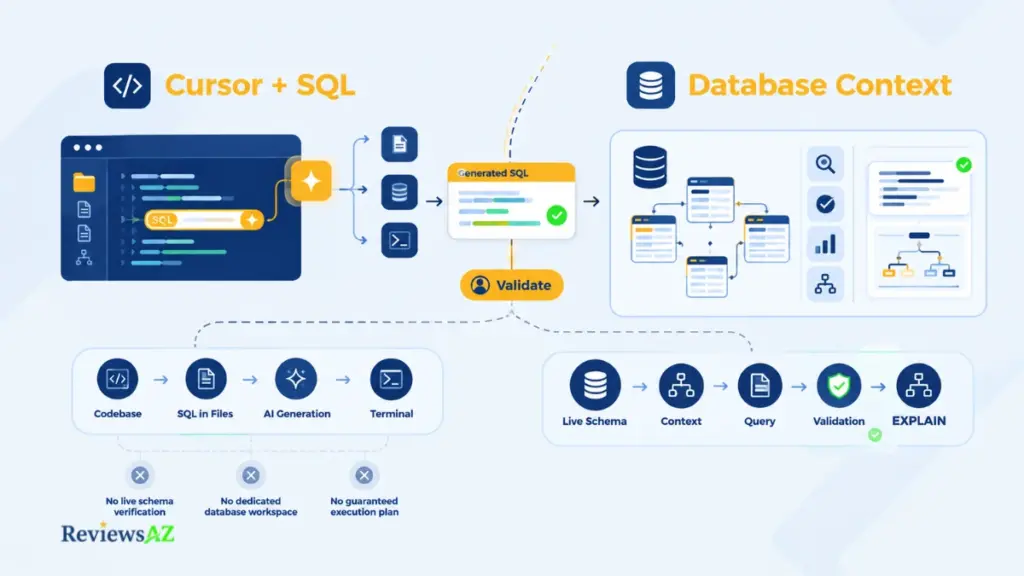 Cursor and SQL workflow showing database queries and coding limits.