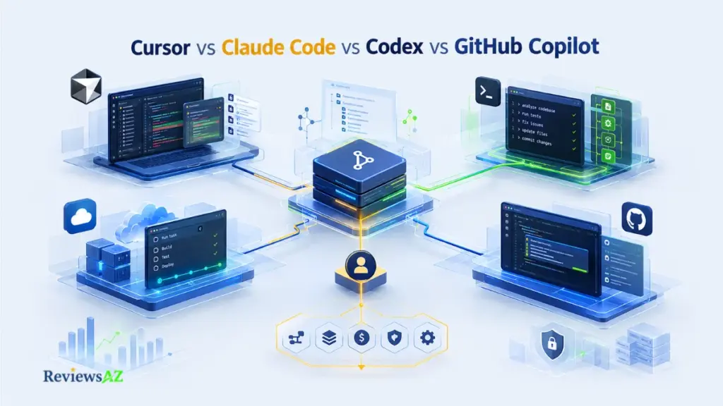 Cursor vs Claude Code vs Codex vs GitHub Copilot comparison showing four AI coding workflows.