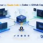 Cursor vs Claude Code vs Codex vs GitHub Copilot comparison showing four AI coding workflows.