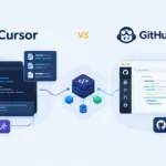Cursor vs GitHub Copilot AI coding workflow comparison with two coding environments connected to a shared software project.