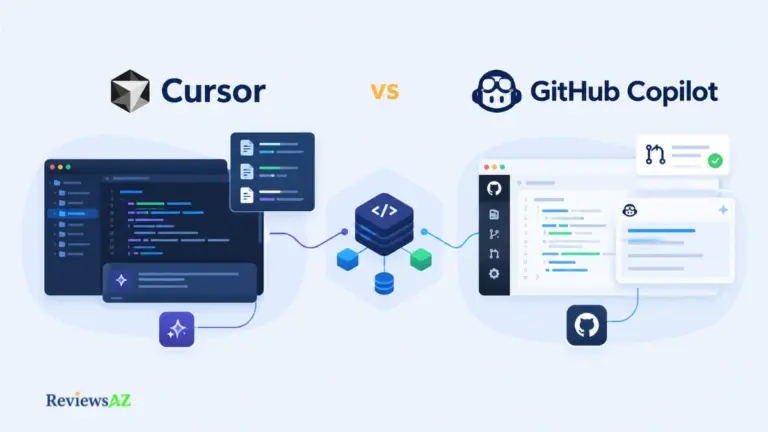 Cursor vs GitHub Copilot AI coding workflow comparison with two coding environments connected to a shared software project.