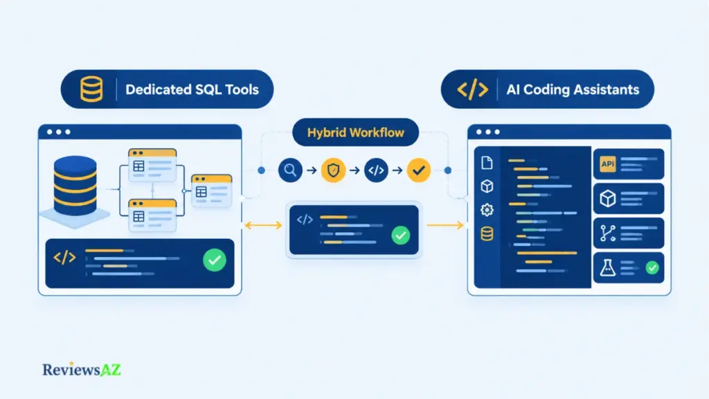 Dedicated database-centric AI SQL tool compared to a codebase-centric general AI coding assistant.