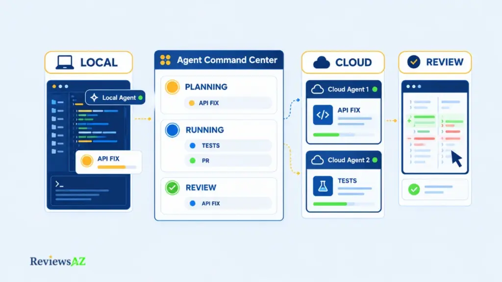Devin Desktop workflow with the Agent Command Center managing local and cloud coding agents.