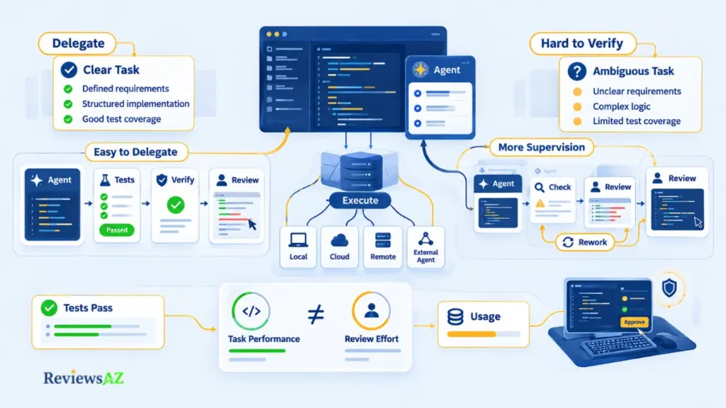 Devin Desktop delegation limits and failure modes showing AI agent verification, human review, rework, and task supervision.
