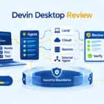 Devin Desktop Review showing an AI-assisted coding workflow with agent orchestration, execution, review, and verification.