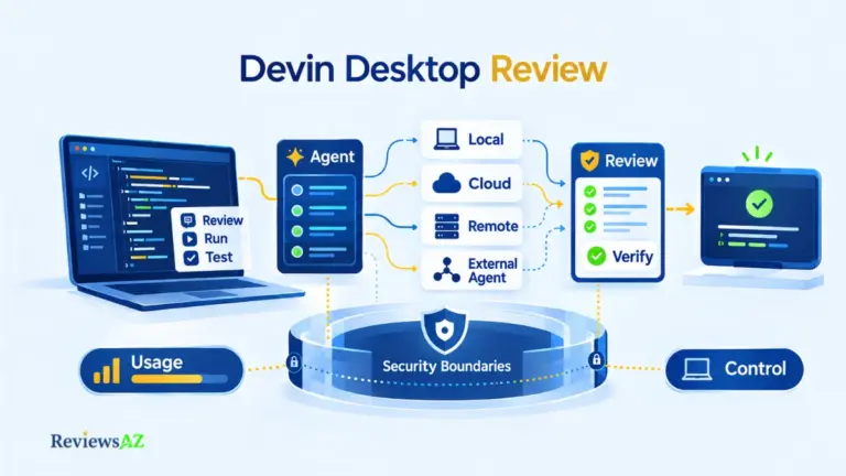 Devin Desktop Review showing an AI-assisted coding workflow with agent orchestration, execution, review, and verification.
