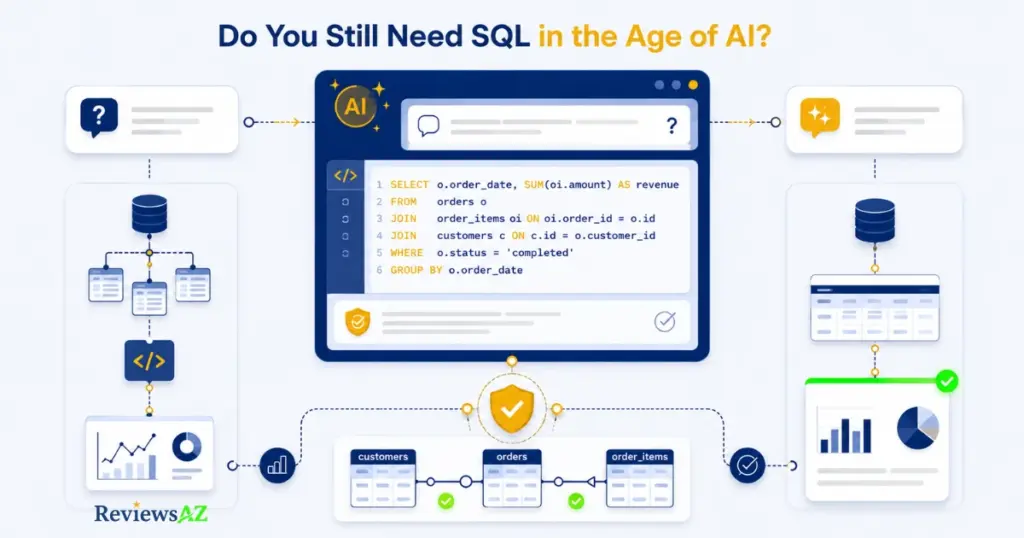 Do You Still Need to Learn SQL in the Age of AI illustrated with an AI-assisted SQL workflow and human validation.