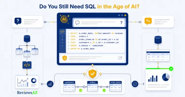 Do You Still Need to Learn SQL in the Age of AI? illustrated with an AI-assisted SQL workflow and human validation.