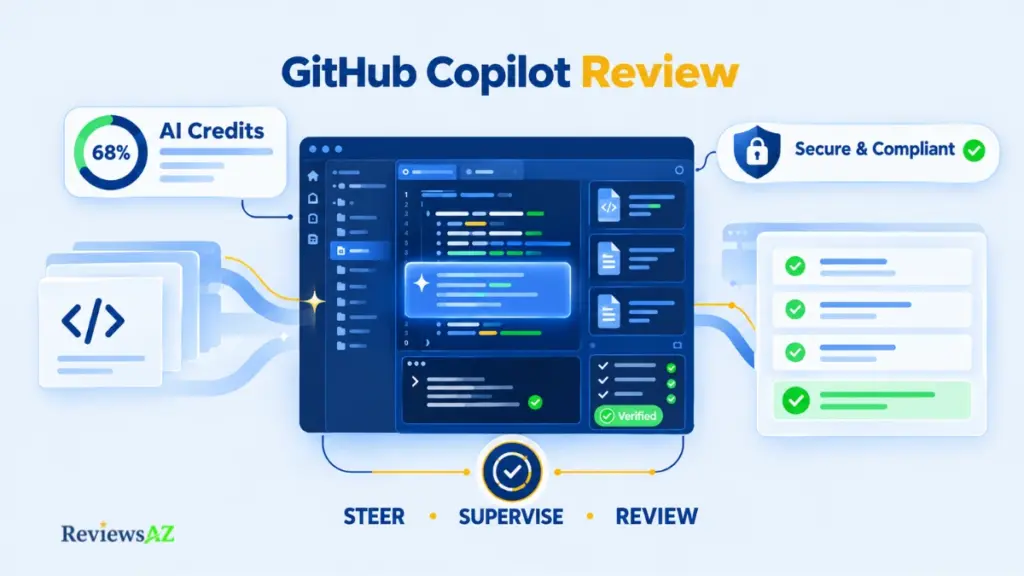 GitHub Copilot Review showing AI-assisted coding, execution, code review, and security controls.