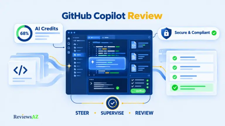 GitHub Copilot Review showing AI-assisted coding, execution, code review, and security controls.