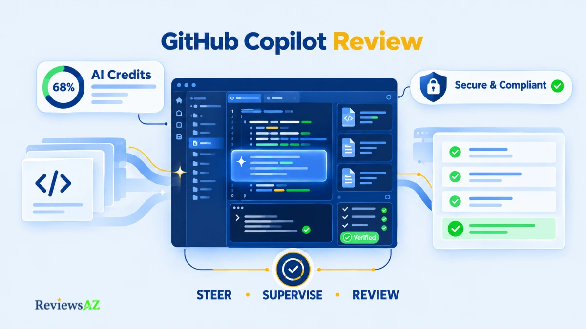GitHub Copilot Review showing AI-assisted coding, execution, code review, and security controls.