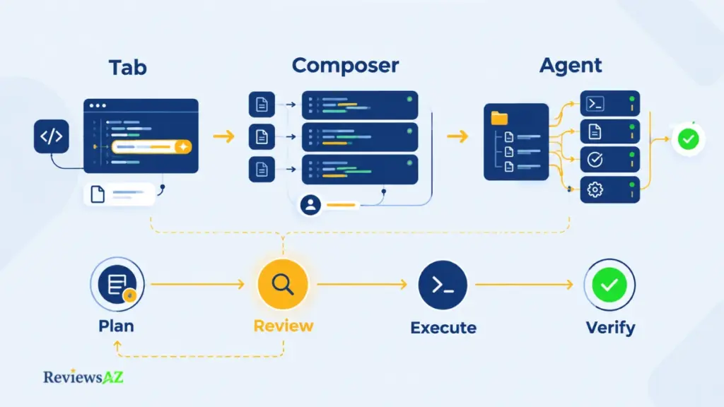 How to Use Cursor workflow with Tab, Composer, Agent, and human review.