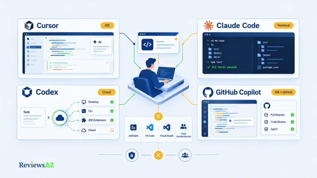 IDE, CLI & Terminal Integration comparison showing Cursor, Claude Code, Codex, and GitHub Copilot workflows.