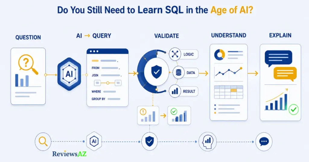 Illustration showing why data analysts still need to learn SQL in the age of AI.