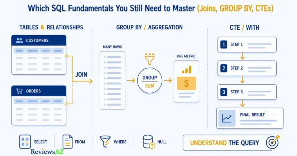 SQL fundamentals illustration showing JOIN, GROUP BY, and CTE for understanding AI-generated SQL.